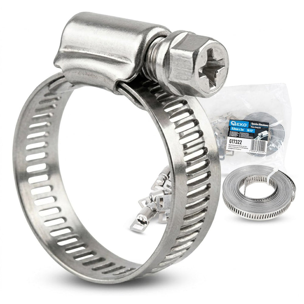 Set-kit 10 fascette stringitubo regolabili tubi ,per applicazioni tubature automobilistiche e meccaniche, collari in acciaio,  8 mm x 3m , con viti di fissaggio, Geko