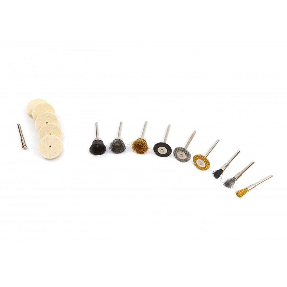 Set-kit accessori per mini smerigliatrice, con spazzole metalliche e dischi in feltro per lucidatura e pulizia di superfici metallo e legno 15 pezzi Hbm
