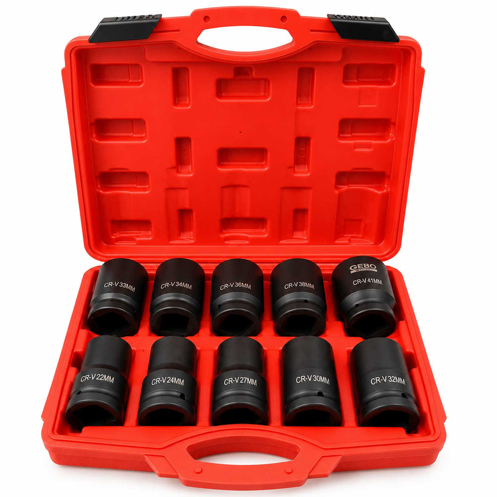 Set-kit bussole a impatto lunghe, 1", 22-41 mm, per riparazioni auto e cambio gomme,10 pezzi Gebo Tools