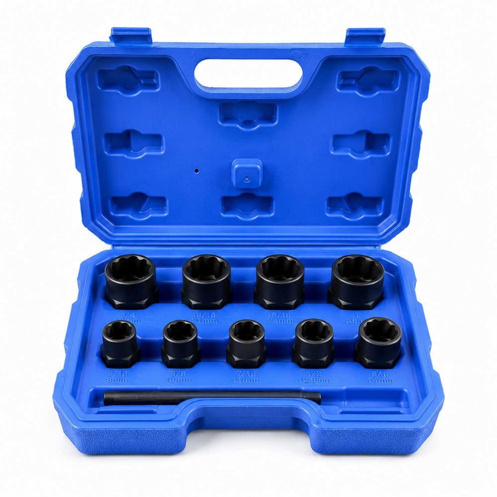 Set-kit bussole elicoidali per rimozione viti e bulloni danneggiati, 9-19 mm, 11 pezzi Gebo Tools