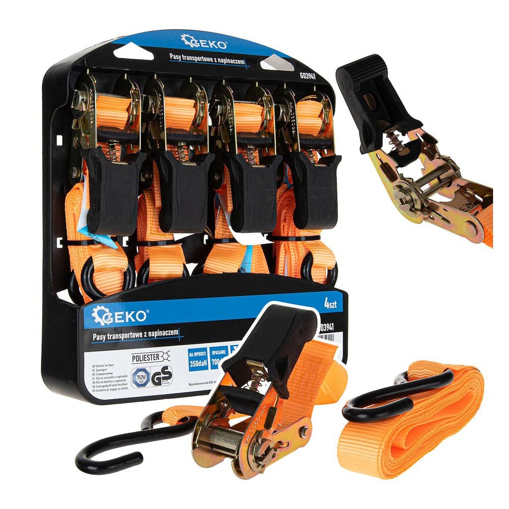 Set-kit cinghia a cricchetto, di ancoraggio con tenditore a gancio, fissaggio 25 mm × 4, 5 m, fino a 700 kg, 4 pezzi