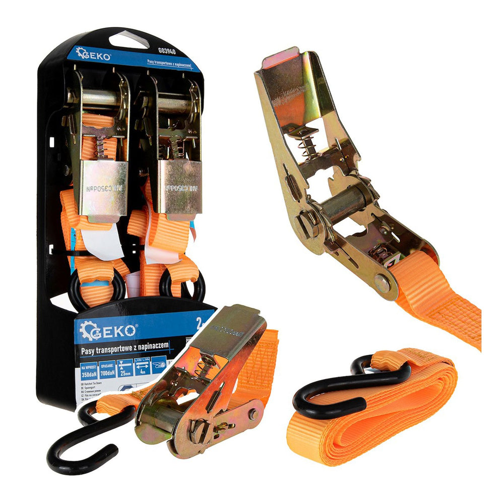 Set-kit cinghia a cricchetto, di ancoraggio con tenditore a gancio, fissaggio 25 mm × 4 m, fino a 700 kg, 2 pezzi