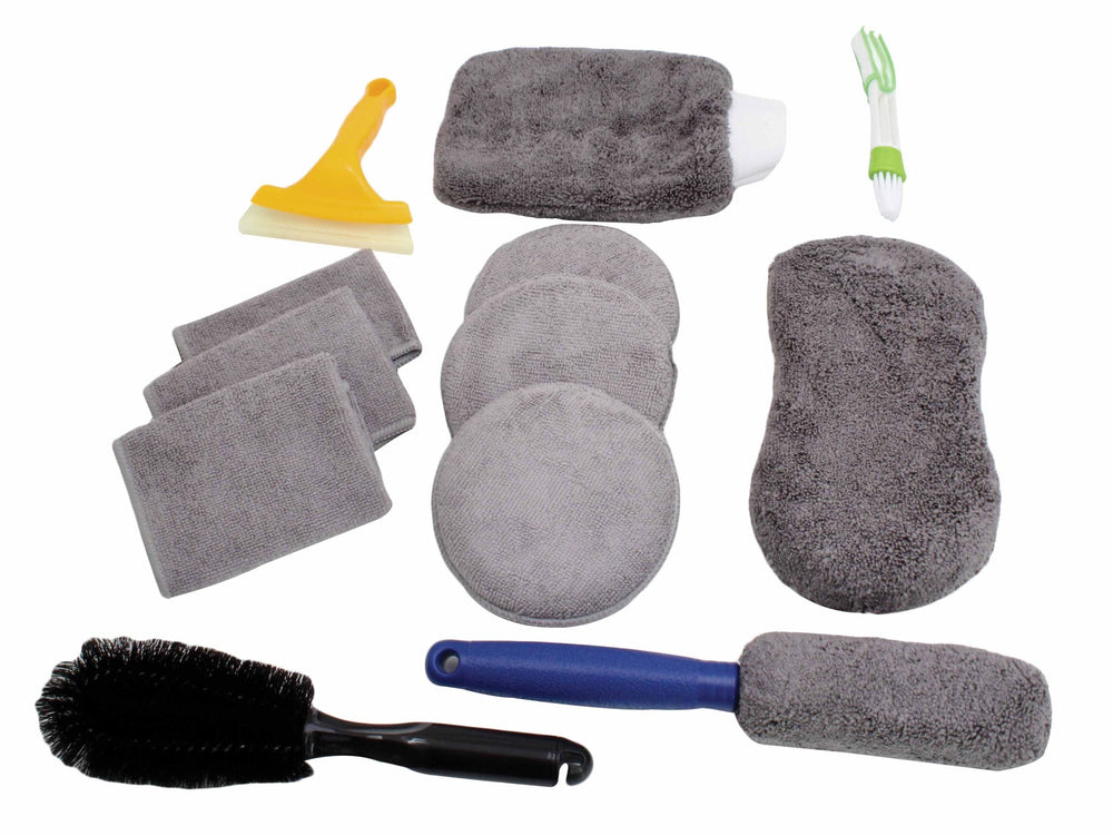 Set-kit detailing auto interno esterno, con spazzole e panni per la pulizia per cerchi, interni, motore, scarico, sedili, 12 pezzi