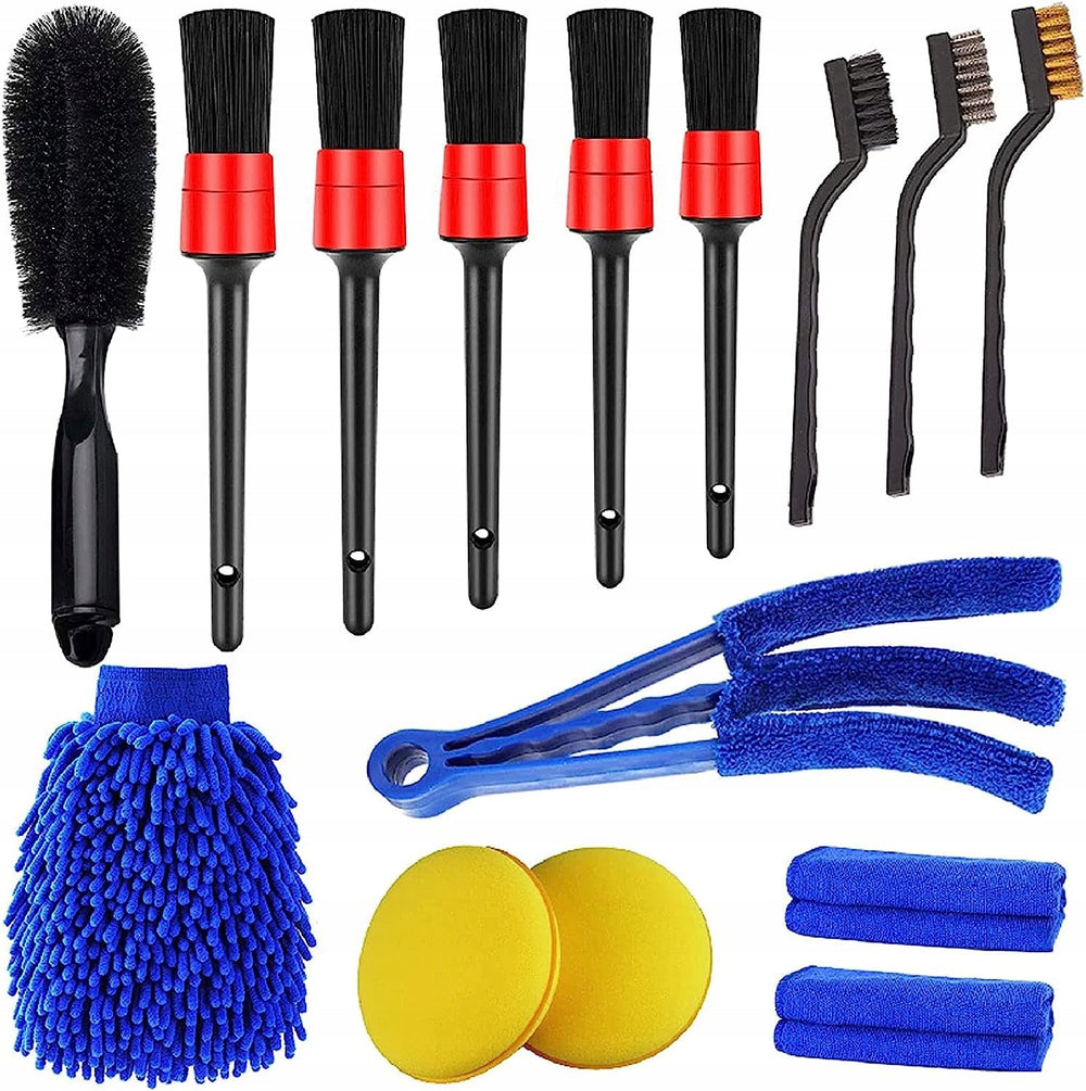 Set-kit detailing auto interno esterno, con spazzole e panni per la pulizia per cerchi, interni, motore, scarico, sedili, 15 pezzi