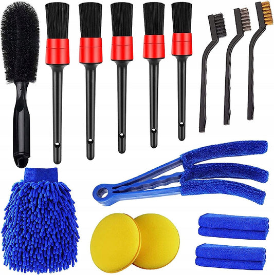 Set-kit detailing auto interno esterno, con spazzole e panni per la pulizia per cerchi, interni, motore, scarico, sedili, 15 pezzi