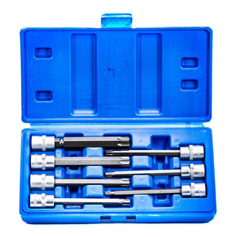 Set-kit di chiavi a bussola Torx extra lunghe  3/8", da T25 a T60, 110 mm, in acciaio CR-V, 7 pezzi con valigetta blu professionale