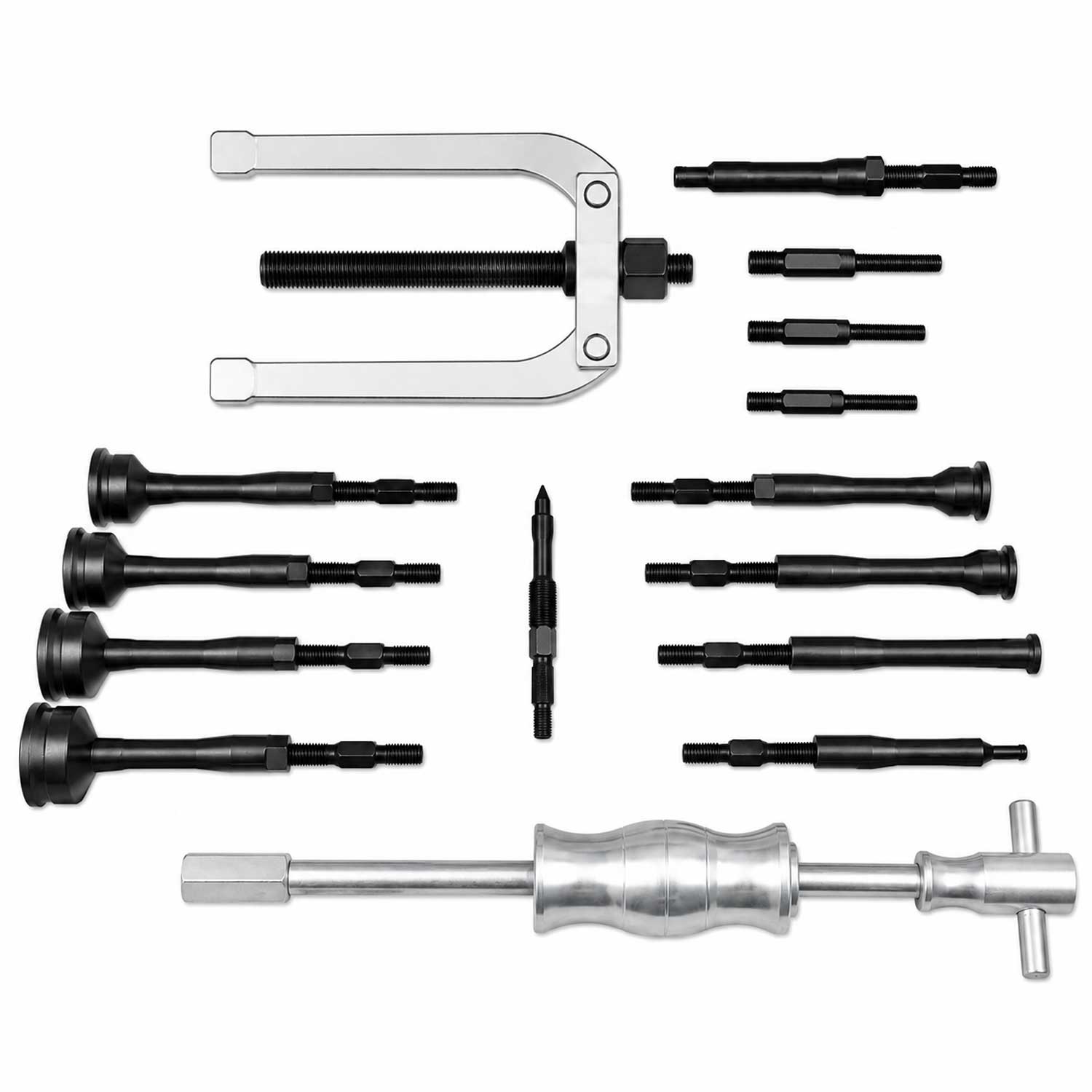 Set-kit estrattore boccole e cuscinetti interni, attrezzi per la rimozione con martello scorrevole, 8 - 58 mm, 17 pezzi Gebo Tools