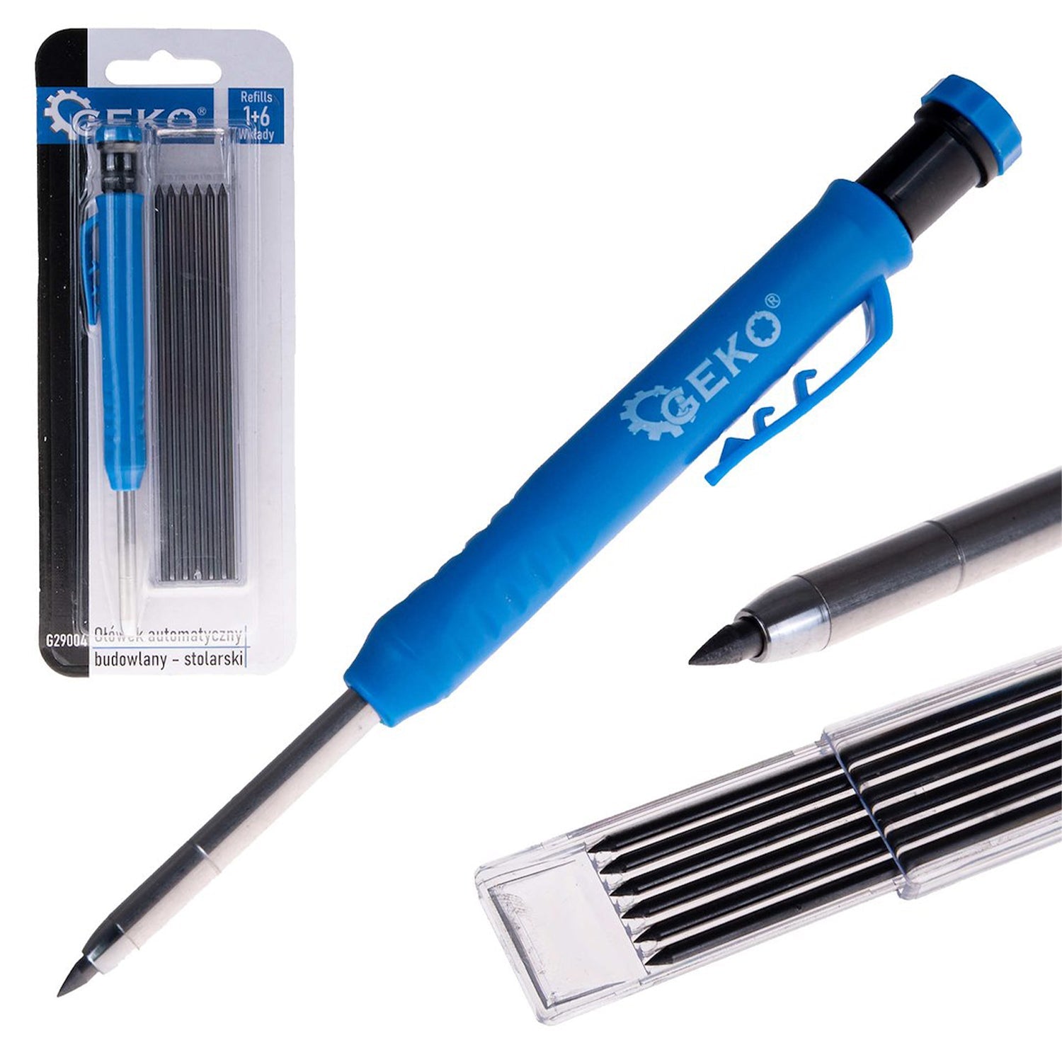 Set-kit matite falegname con 6 mine di ricambio, blu, solida meccanica carpentiere temperino incorporato, marcatore di velocità, misura di vernice, strumenti marcatura falegnameria, 7 pezzi Geko