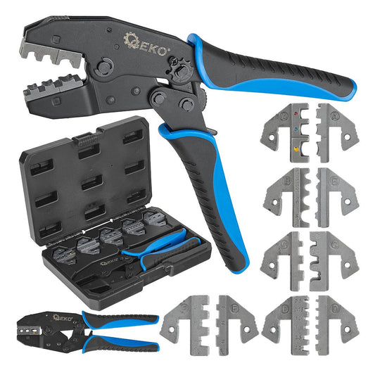 Set-kit pinza crimpatrice manuale, pressatrice per terminali elettrici, per connettore auto con 5 ganasce intercambiabili, 220 mm, Geko
