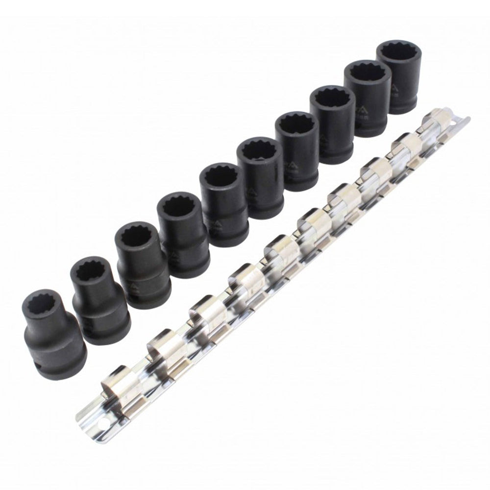 Set 10 bussole a impatto corte bi-esagonali 1/2'',10-19 mm