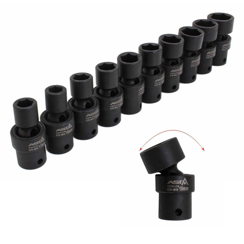 Set 10 bussole a impatto snodate, 3/8'', 10-19 mm