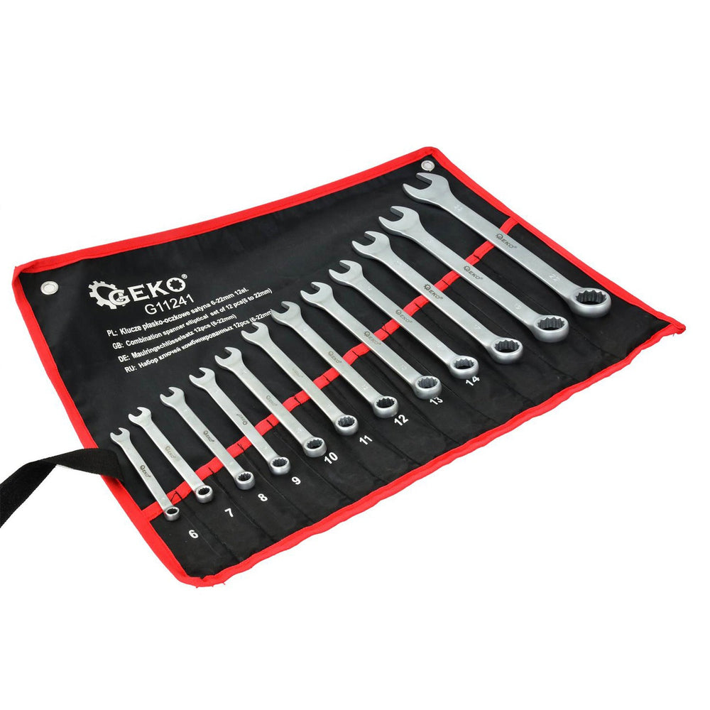 Set-kit 12 chiavi combinate, inglesi, professionali, anello e forchetta in acciaio Cr-V con finitura cromata e satinata, 6–22 mm, Geko