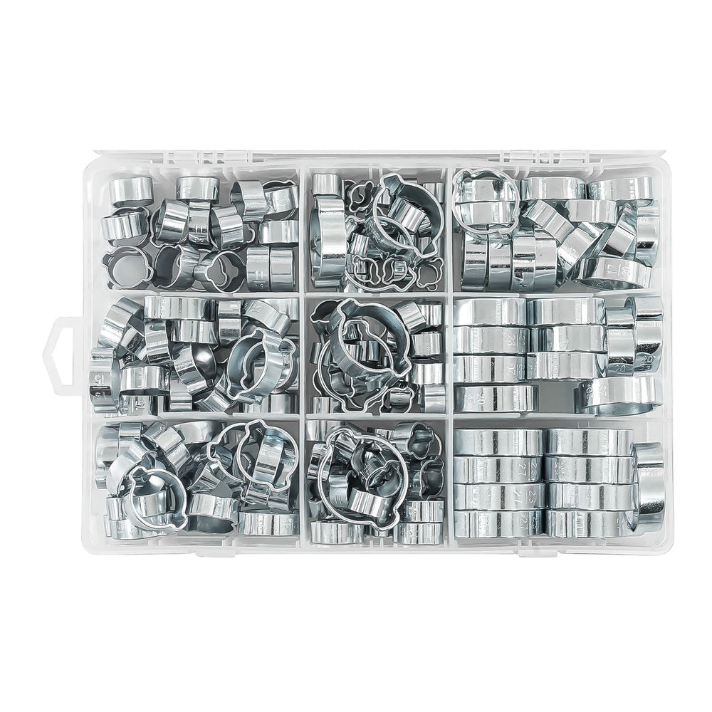Set-kit 175 fascette stringitubo a 2 orecchie, campo di serraggio, fascetta pinzabile a doppio orecchio zincata
