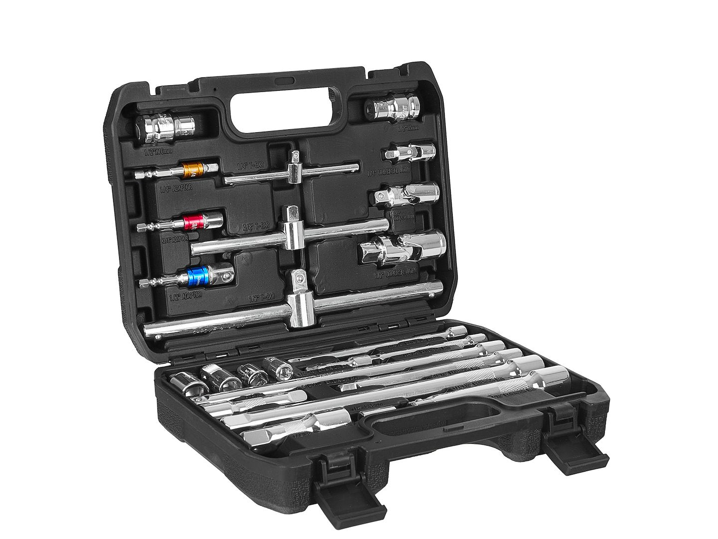 Set-kit 25 accessori di attacco, adattatori, prolunghe, giunti e barre a impatto, in acciaio cr-v, adattatore di prolunga, estensioni da 1/4" 3/8" 1/2", Geko