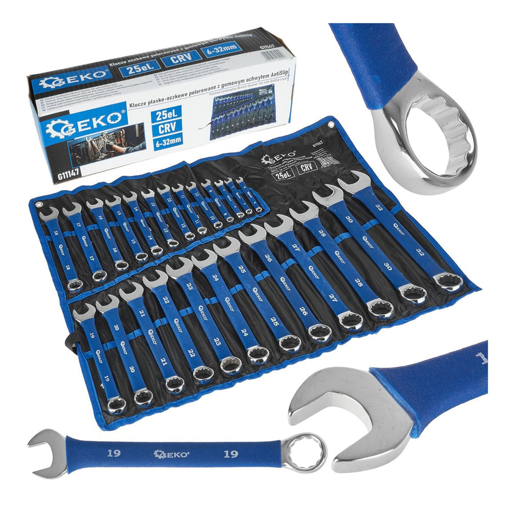 Set-kit 25 chiavi combinate, inglesi, professionali, anello e forchetta in acciaio Cr-V, con impugnatura in gomma antiscivolo, 6–32 mm