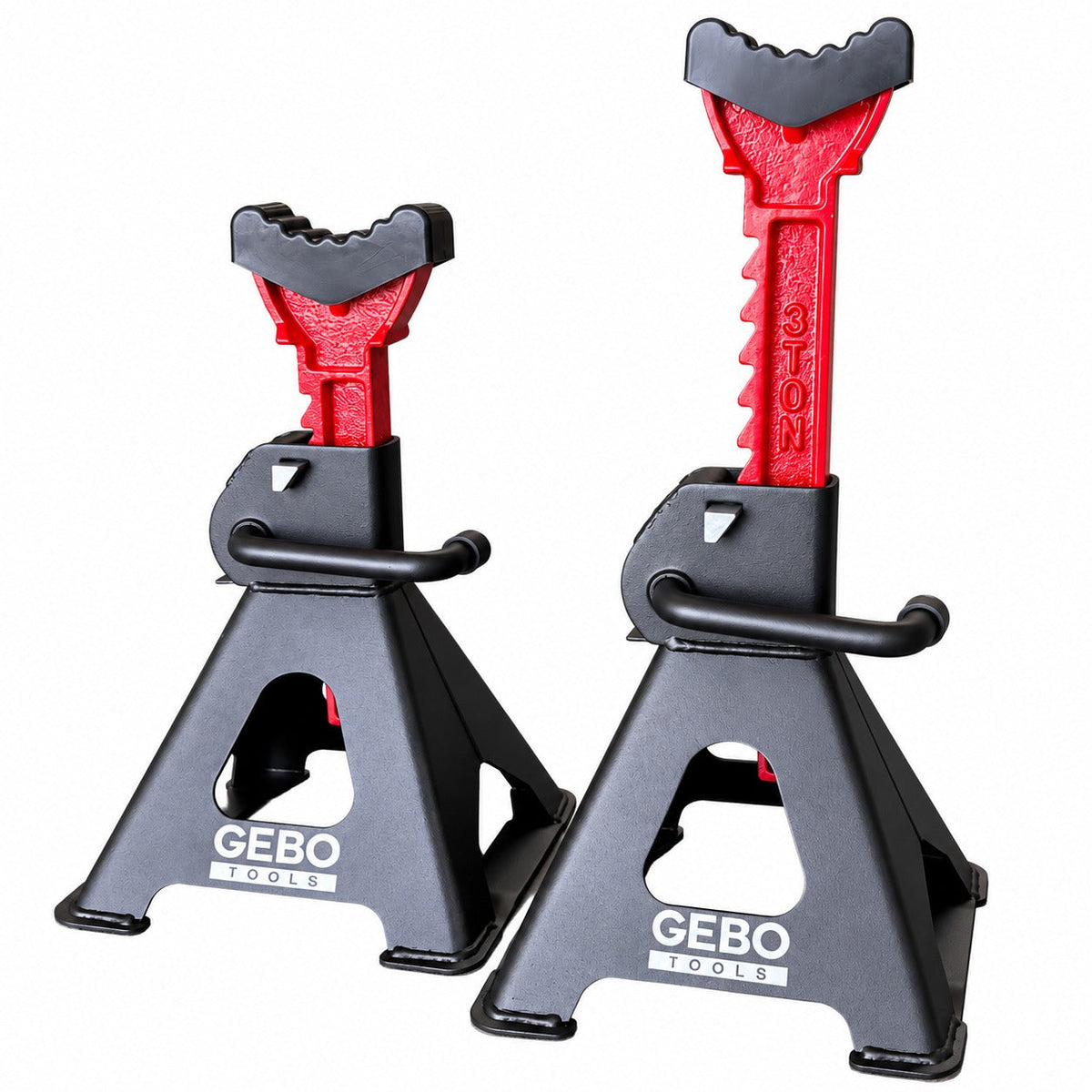 Set-kit 2 cavalletti auto, per carrozzeria, capacità 3 t, altezza regolabile, supporti per assale con leva di sicurezza, da sostegno per officina, fai da te, domestico, garage, moto, 9.5-43 cm Gebo Tools