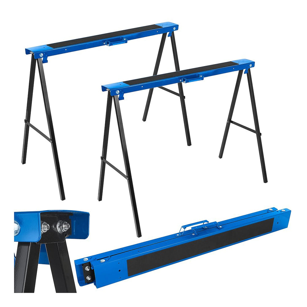 Set-kit 2 cavalletti da lavoro telescopici in acciaio, pieghevoli, altezza regolabile 80–130 cm, salvaspazio per officina