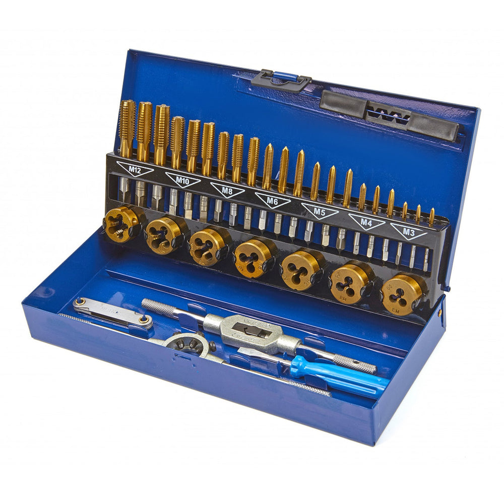 Set 32 pezzi maschi e filiere, kit filiera per taglio in acciaio con dimensioni metriche ,filettatrice manuale per fai da te a casa, garage e officina M3–M12,Hbm