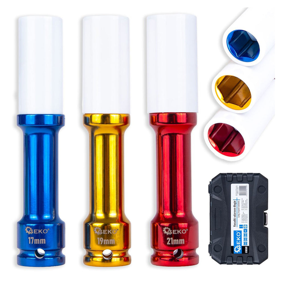 Set 3 bussole 1/2'' con rivestimento protettivo per cerchi auto in lega da 17 - 19 - 21 mm, Geko