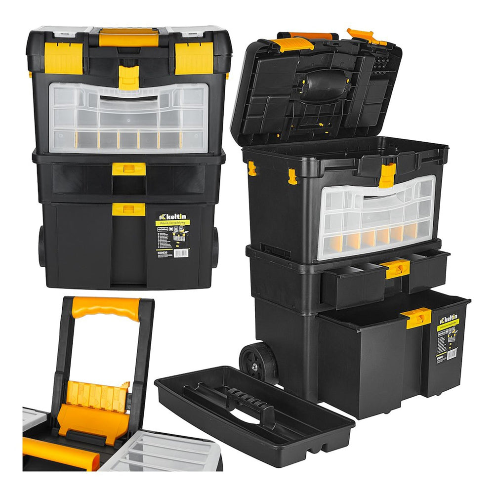 Set 3 cassette portattrezzi ,organizer 46 x 26 x 62 cm,con ruote e manico telescopico, nero/giallo, Keltin