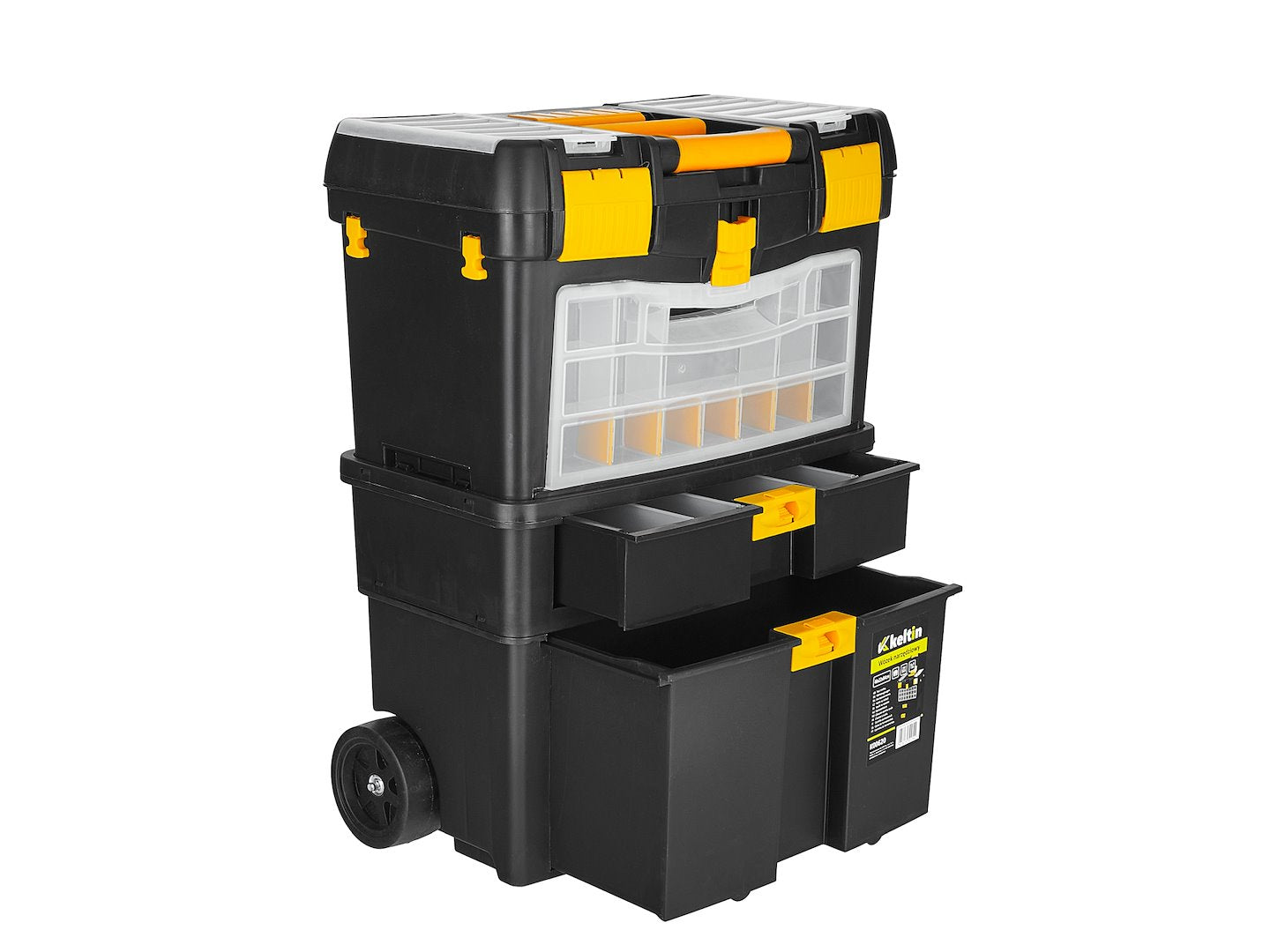 Set 3 cassette portattrezzi ,organizer 46 x 26 x 62 cm,con ruote e manico telescopico, nero/giallo, Keltin
