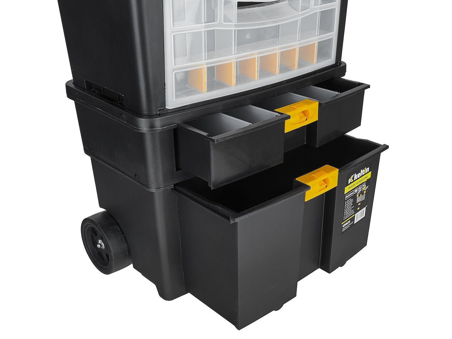 Set 3 cassette portattrezzi ,organizer 46 x 26 x 62 cm,con ruote e manico telescopico, nero/giallo, Keltin