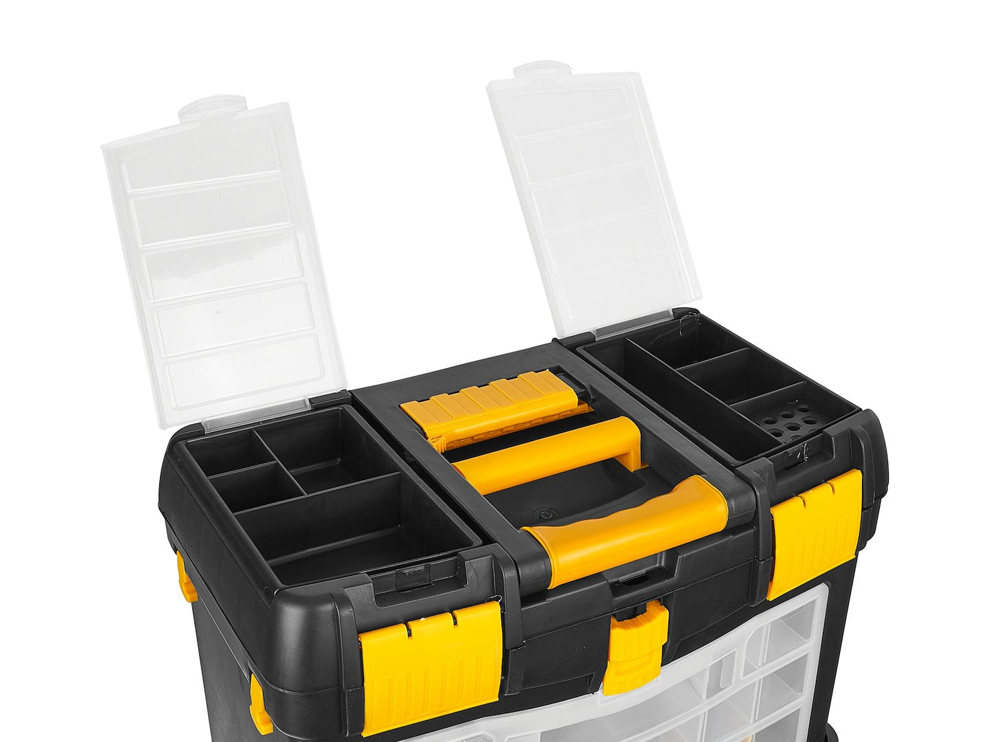 Set 3 cassette portattrezzi ,organizer 46 x 26 x 62 cm,con ruote e manico telescopico, nero/giallo, Keltin