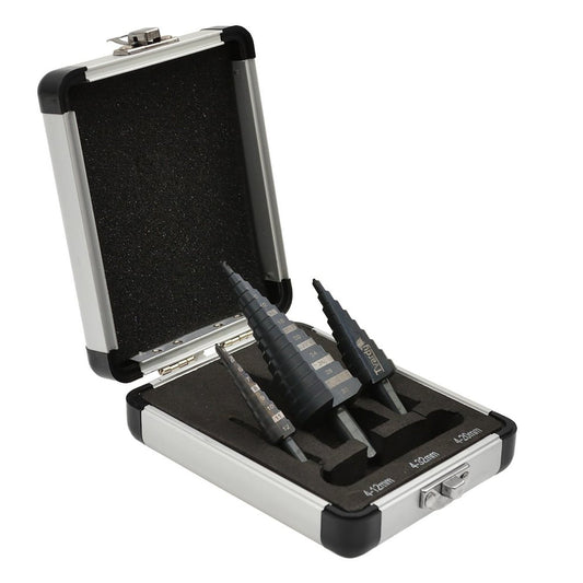 Set-kit 3 punte coniche, fresa conica per trapano a gradini, con gambo e 1 punzone centrale, HSS M2 4-12 / 4-20 / 4-32 mm, per metallo plastica, Tvardy
