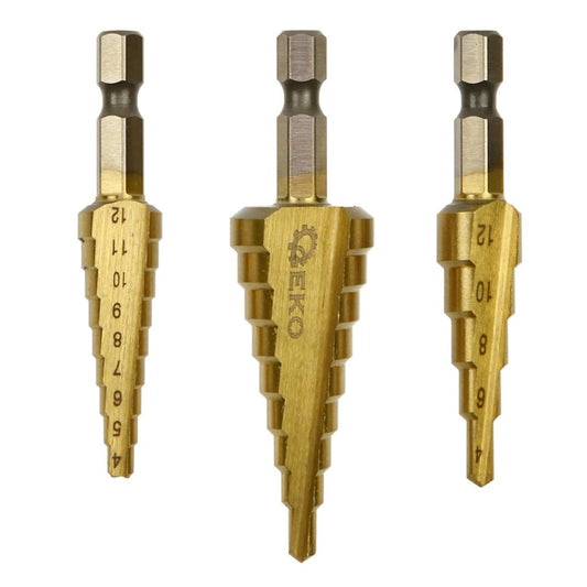 Set 3 punte coniche, fresa conica per trapano a gradini, punte con gambo e 1 punzone centrale, HSS TiN HEX 1/4" (3-12 / 4-12 / 4-20 mm)  Geko