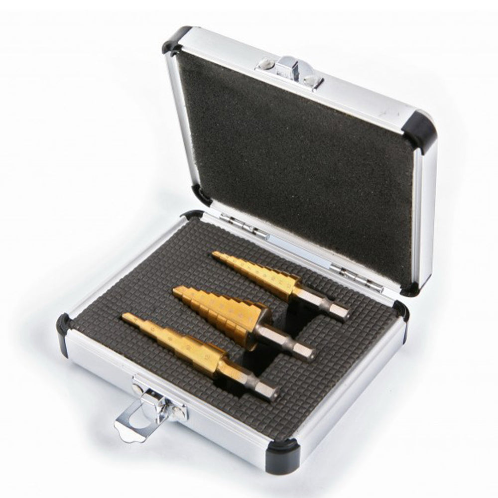Set-kit 3 punte coniche, fresa conica per trapano a gradini, con gambo esagonale e punzone centrale, HSS
