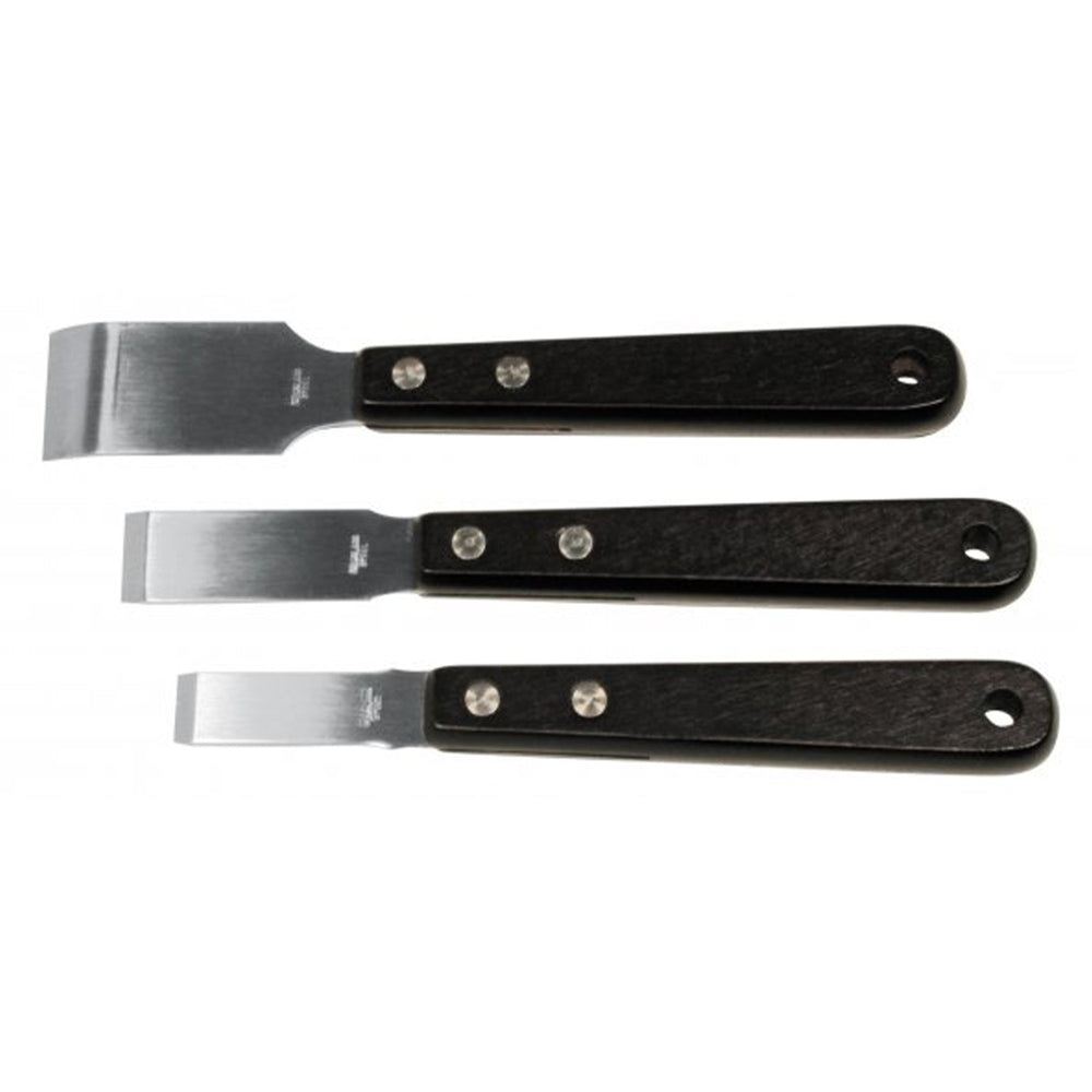 Set 3 raschietti a lame professionali, in acciaio-inox con impugnatura in legno,larghezza 15, 20, 30 mm