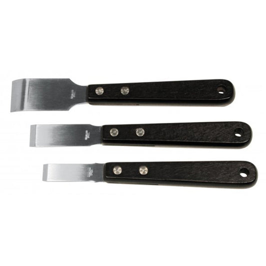 Set 3 raschietti a lame professionali, in acciaio-inox con impugnatura in legno,larghezza 15, 20, 30 mm