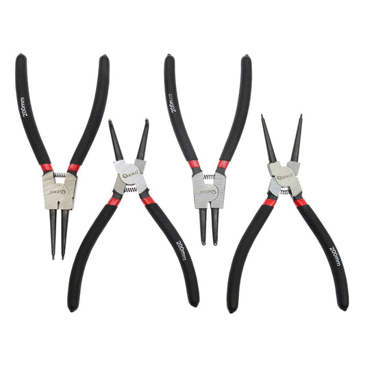 Set-kit 4 pinze per anelli di sicurezza Seeger a becco curvo e dritto interni/esterni, con punte dritte e curve per bloccaggio interno ed esterno 200 mm, Geko