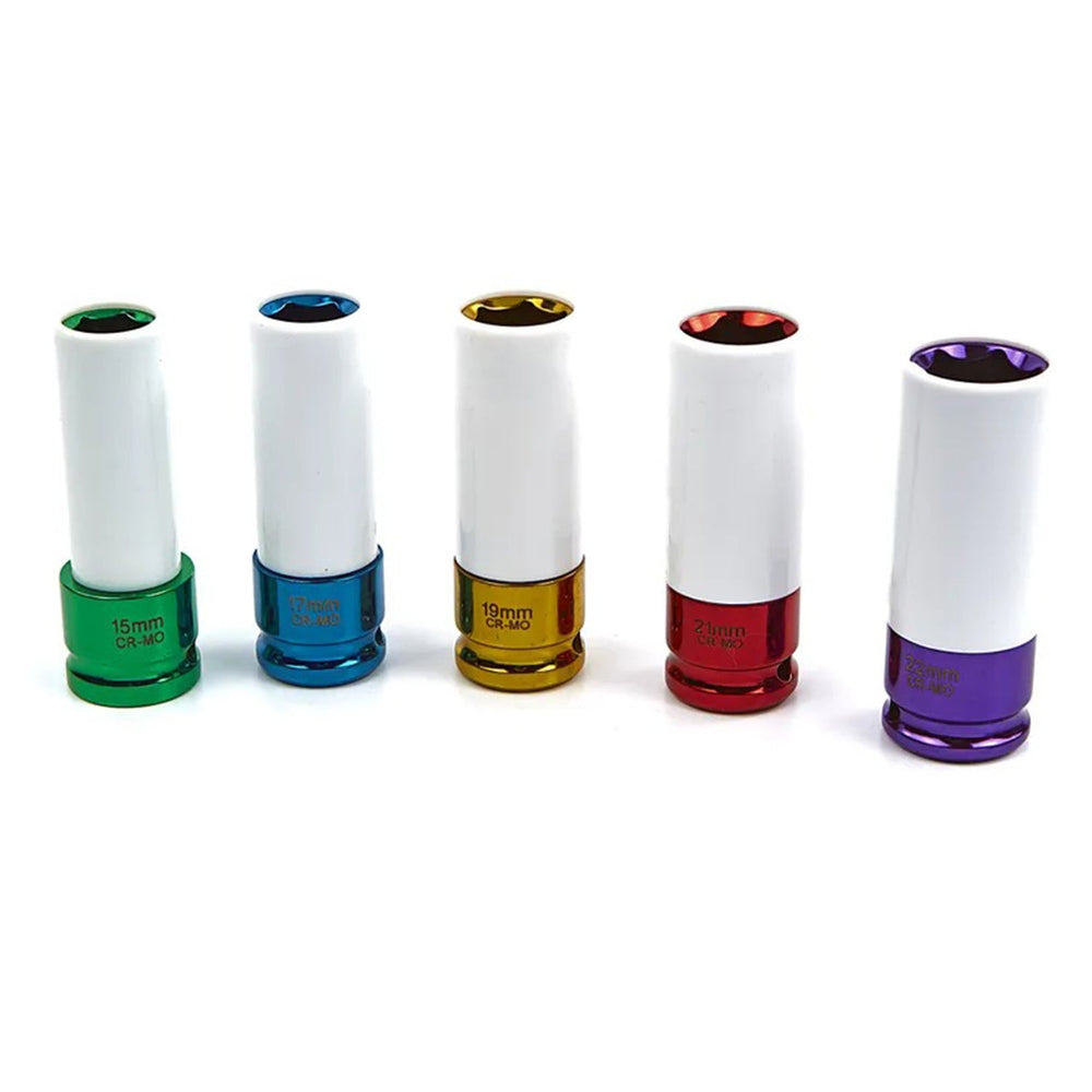 Set 5 bussole 1/2'', con rivestimento protettivo per cerchi in lega da 15 mm, 17 mm, 19 mm, 21 mm, 22 mm Hbm