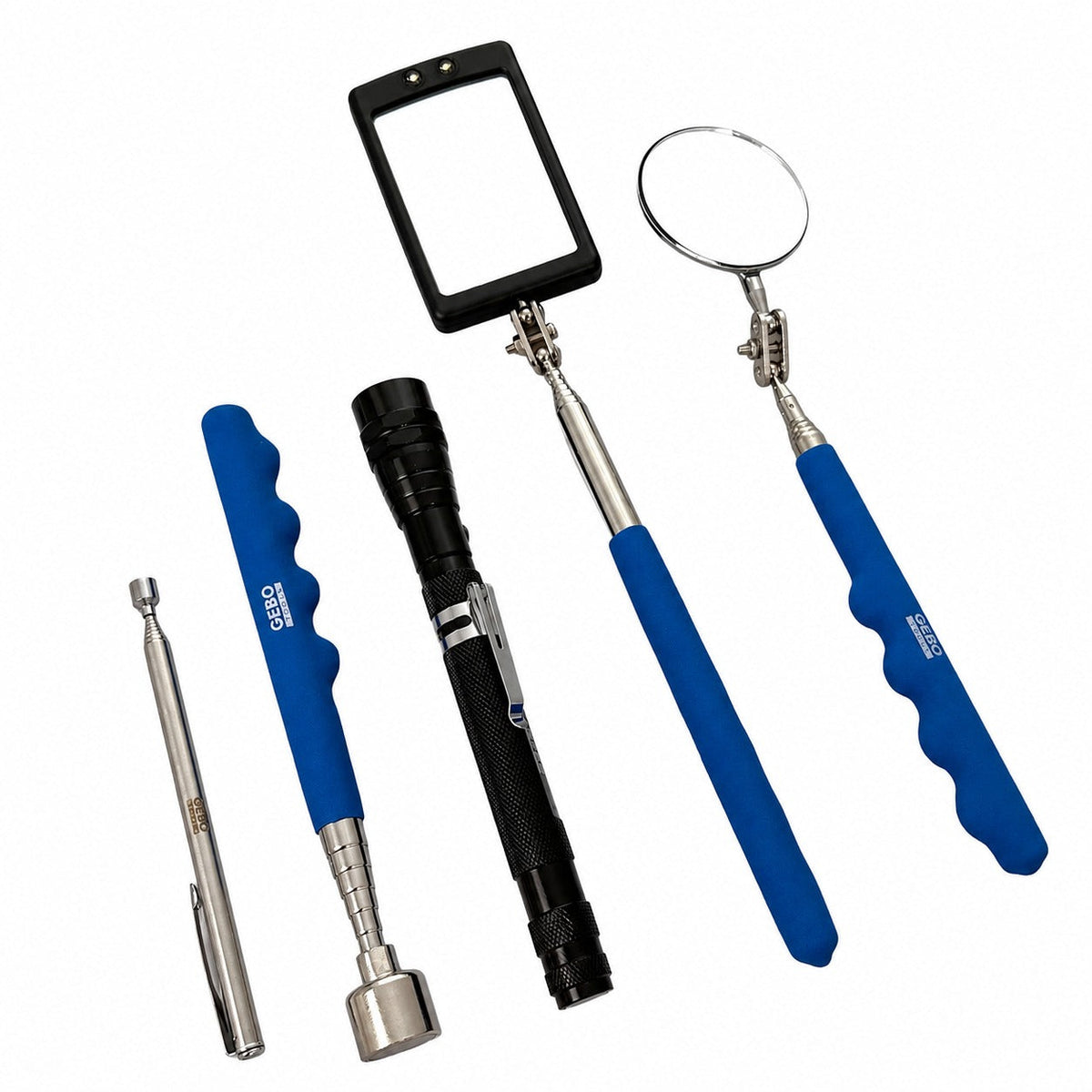 Set-kit 5 attrezzi ispezione e recupero oggetti auto, specchio telescopico, con luce LED, manico per angolo visione extra, magnetico pickup Gebo Tools