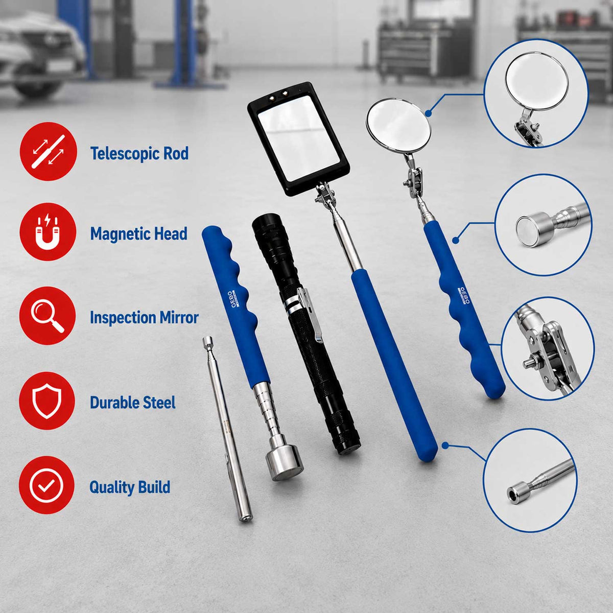 Set-kit 5 attrezzi ispezione e recupero oggetti auto, specchio telescopico, con luce LED, manico per angolo visione extra, magnetico pickup Gebo Tools