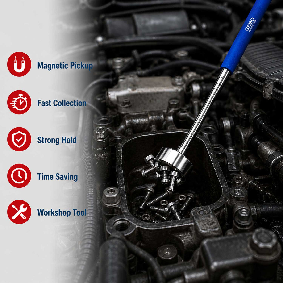 Set-kit 5 attrezzi ispezione e recupero oggetti auto, specchio telescopico, con luce LED, manico per angolo visione extra, magnetico pickup Gebo Tools