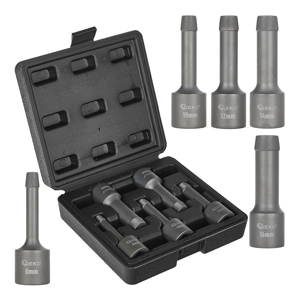 Set-kit 5 estrattori per rimozione viti e bulloni danneggiati, attrezzi con punte per trapano, in lega di acciaio, per cricchetto e bussole a impatto, 1/2'' 8-16 mm SNCM+V Geko