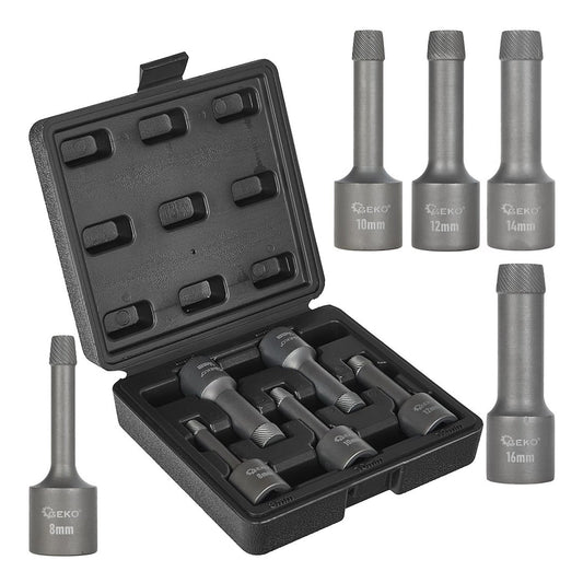 Set-kit 5 estrattori per rimozione viti e bulloni danneggiati, attrezzi con punte per trapano, in lega di acciaio, per cricchetto e bussole a impatto, 1/2'' 8-16 mm SNCM+V Geko