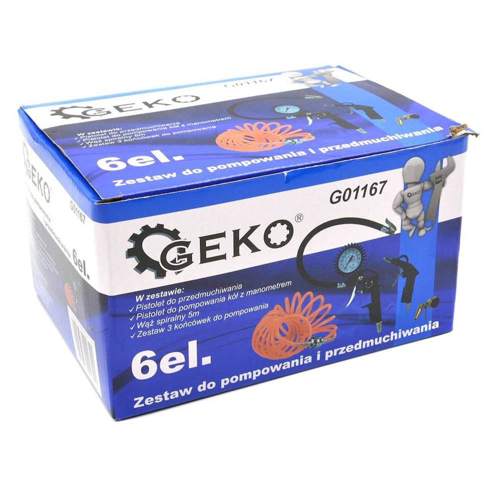 Set-kit 6 accessori per compressore , inclusi gonfiagomme con manometro, pistola di soffiaggio e a spruzzo per vernice, tubo a spirale, Geko