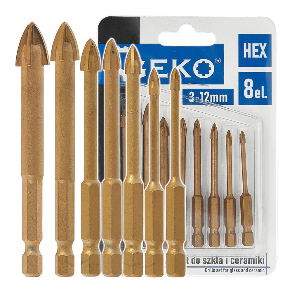 Set-kit 7 punte da trapano per piastrelle semi dure e vetro, HEX 3-12 mm,8 pezzi Geko