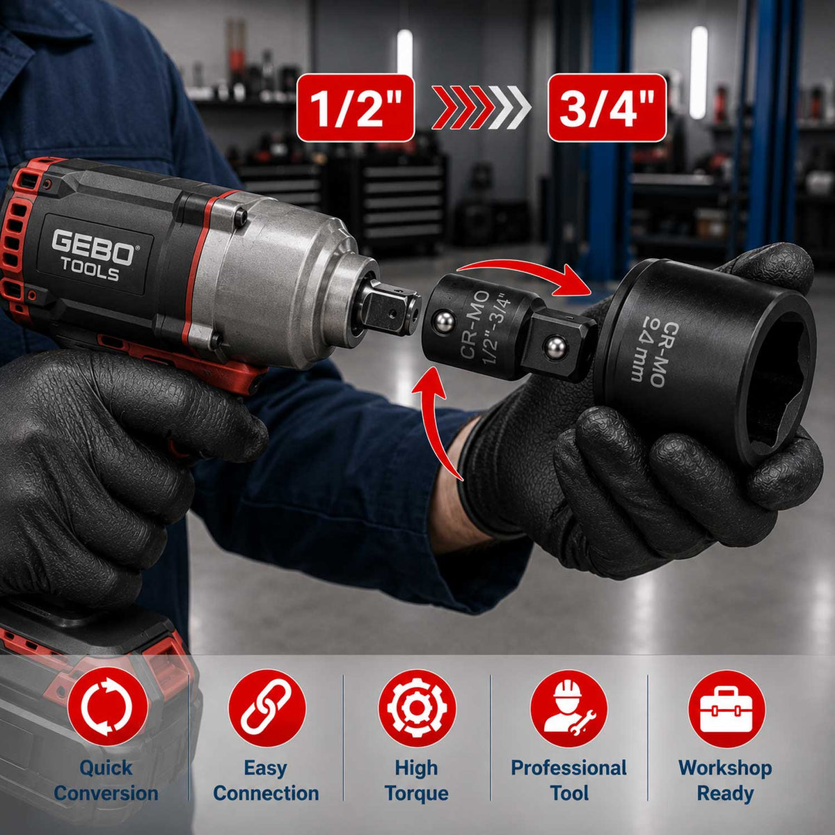 Set-kit adattatore bussola per avvitatore, snodo cardanico in Cr-Mo, esagonale a impulsi, 8 pezzi Gebo Tools