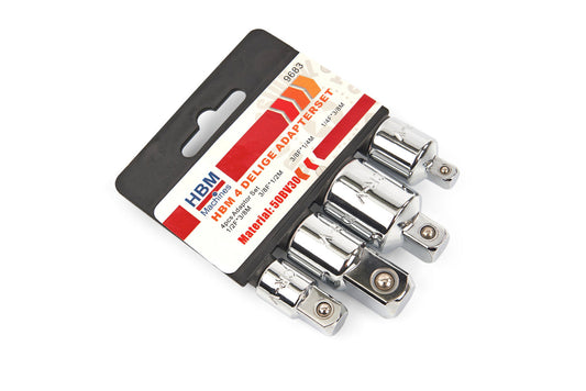 Set-kit adattatore bussola per avvitatore, snodo cardanico 1/4-3/8 3/8-1/4 3/8-1/2 1/2-3/8 in acciaio Cr-V, esagonale a impulsi, 4 pezzi Hbm Machines Olanda