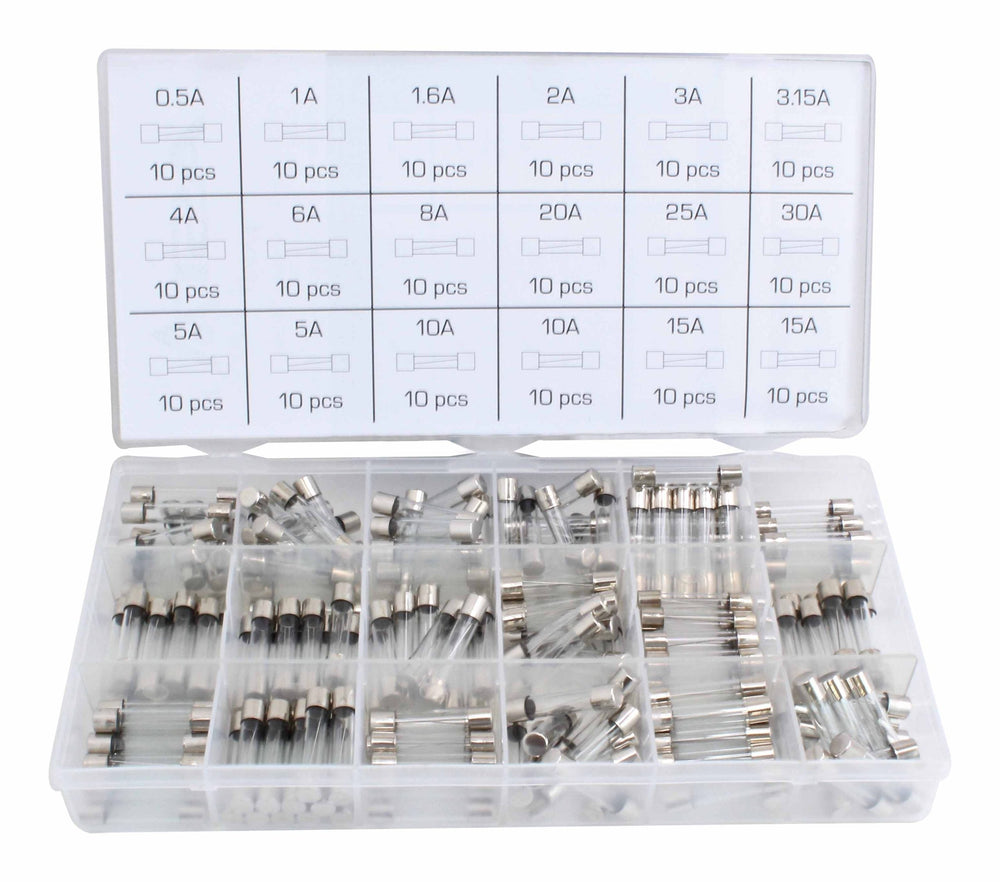Set assortimento fusibili in vetro ad attacco rapido 6 x 30mm 0.5A-30A,180 pezzi
