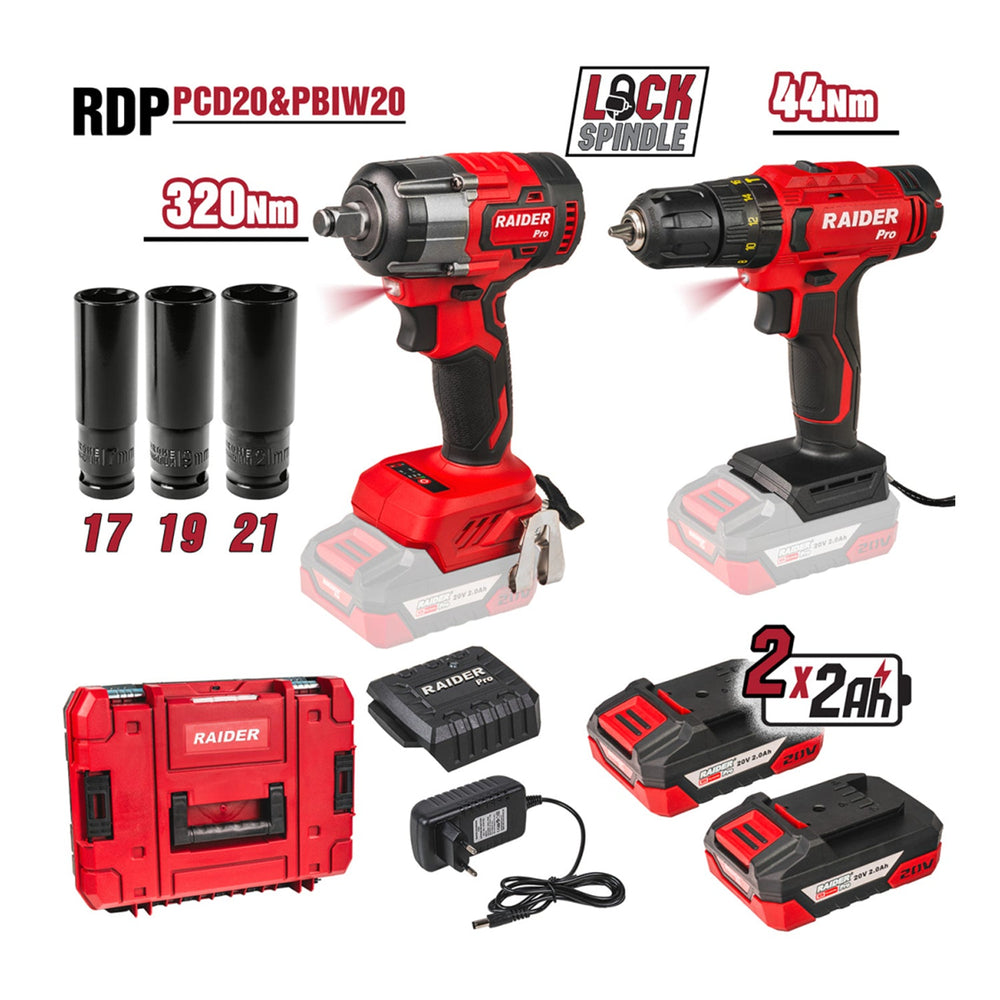 Set avvitatore a impulsi a batteria, impact driver/trapano a percussione – 44 Nm 1/2", 2× batterie 2.0ah – ideale per auto, DIY e uso RAIDER PRO