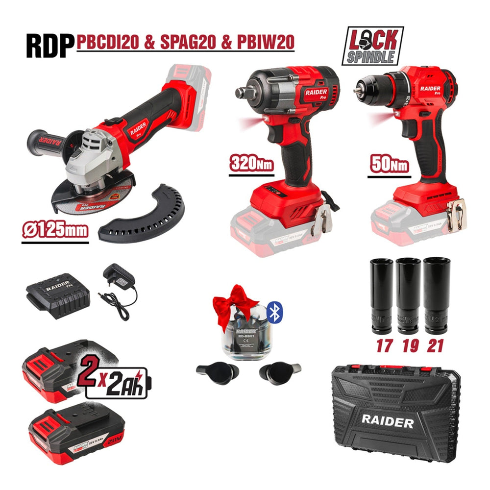 Set-kit trapano-avvitatore 50 Nm, avvitatore a impulsi 1/2" 320 Nm, smerigliatrice angolare 125 mm a batteria, 2 batterie da 2 Ah Raider Pro