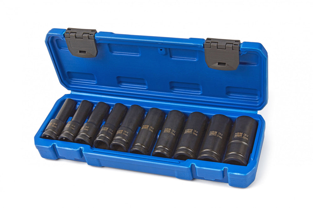 Set bussole a impatto lunghe, 1/2'', 10-22 mm, per riparazioni auto e cambio gomme,10 pezzi Hbm Machines Olanda