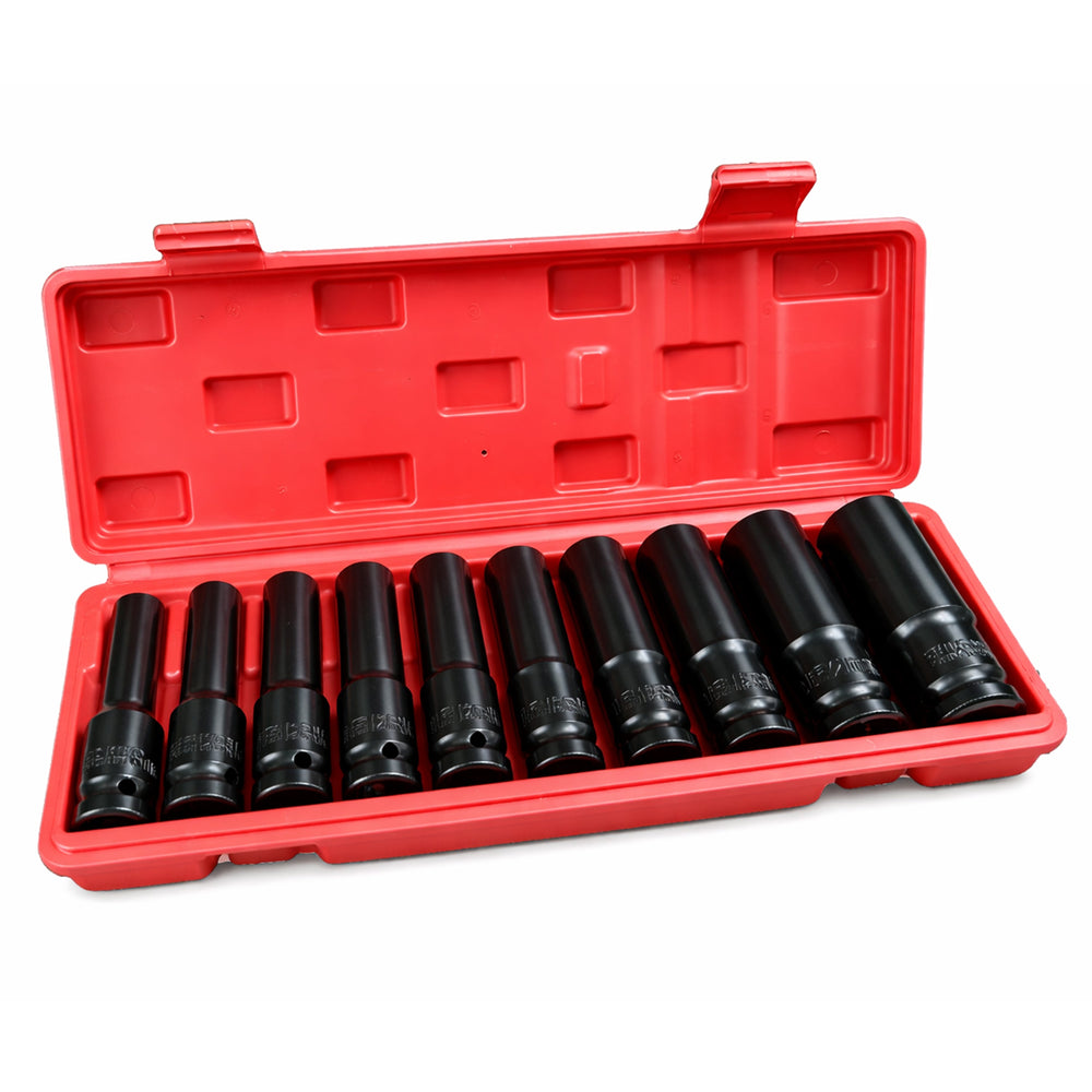Set-kit chiavi a bussola a impatto lunghe 1/2'', 8-24 mm,per riparazioni auto e cambio gomme,10 pezzi Gebo Tools