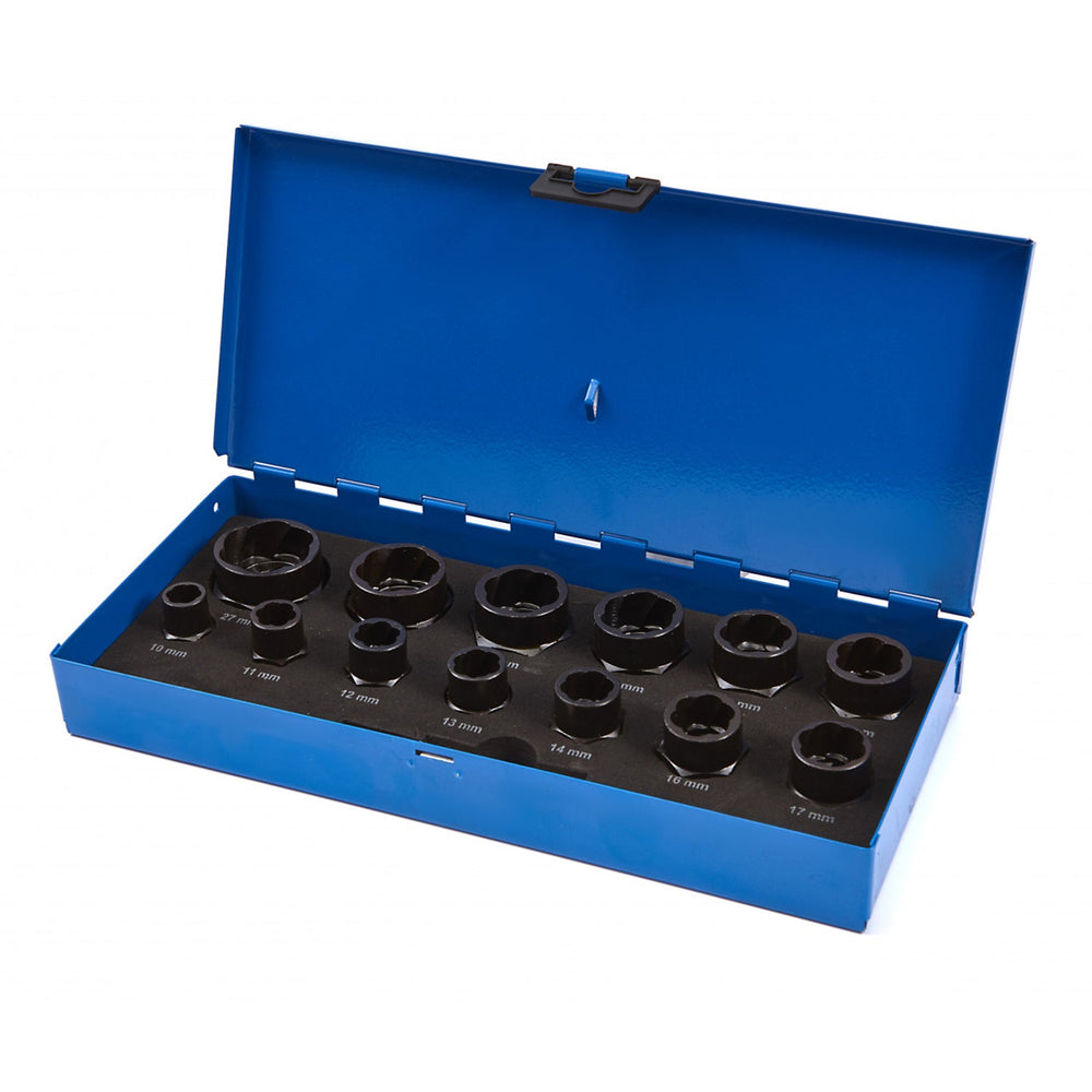 Set-kit bussole per rimozione dadi e bulloni antifurto danneggiati, attacco quadro 1/2" e 3/8",14 pezzi