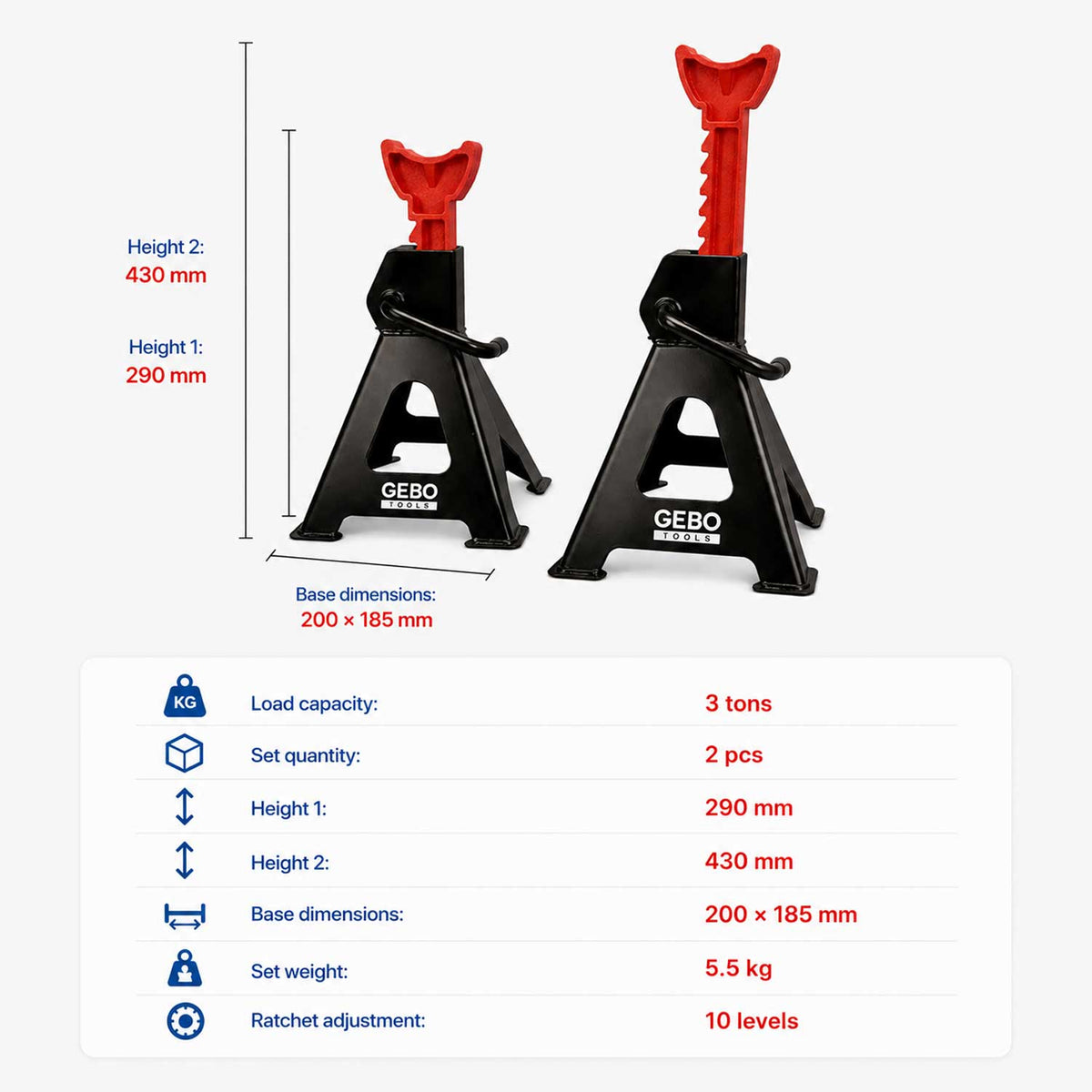 Set-kit di 2 cavalletti di sostegno per veicoli, capacità 3 tonnellate, supporto 29–43 cm, colonnette professionali Gebo Tools
